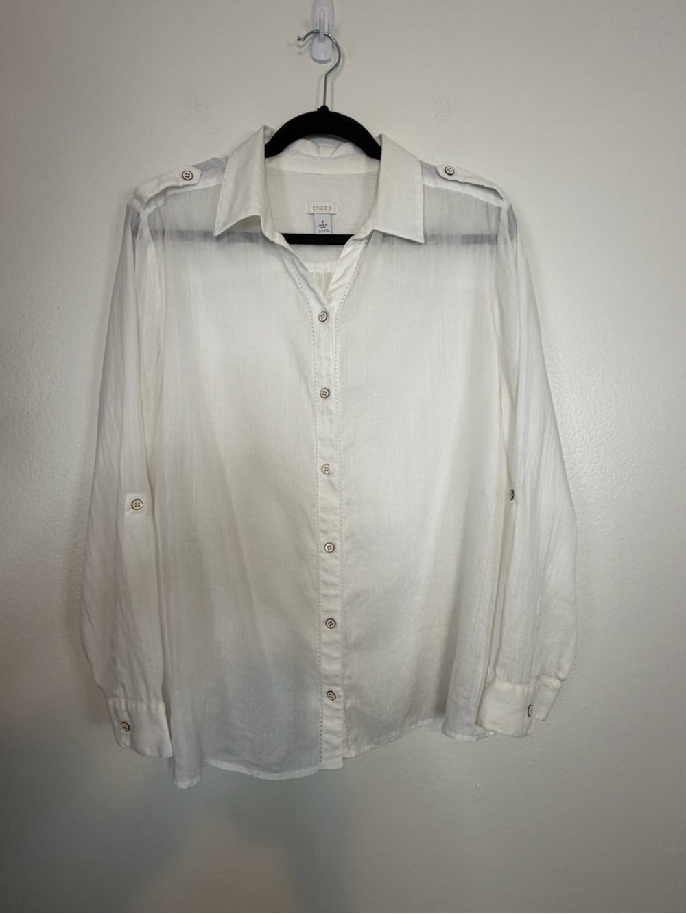 Chico’s Blouse White Long Sleeve Roll-tab Eyelet Inlay Size 2 (large 12)